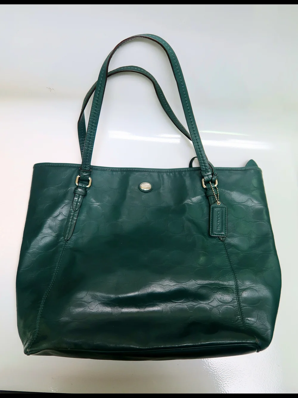 Coach Peyton Green Signature Logo Jacquard Leather Tote, Silver Hardware, Charm